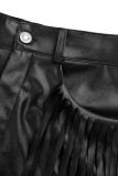 Negro sexy sólido borla patchwork regular cintura alta recto color sólido bottoms