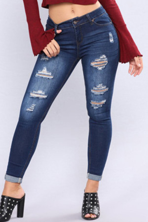 Deep Blue Casual Street Solid Make Old Patchwork High Waist Regular Ripped Denim Jeans