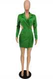 Green Fashion Casual Solid Hollowed Out Backless V Neck Long Sleeve Dresses