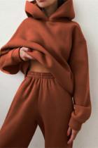ブラウンファッションカジュアルソリッドベーシックフード付きカラー長袖ツーピース