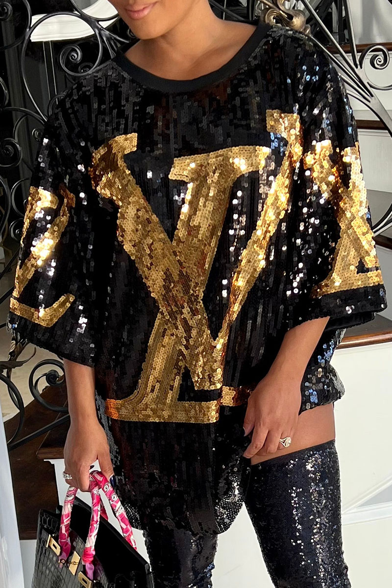 

Gold Fashion Street Letter Sequins O Neck Straight Dresses