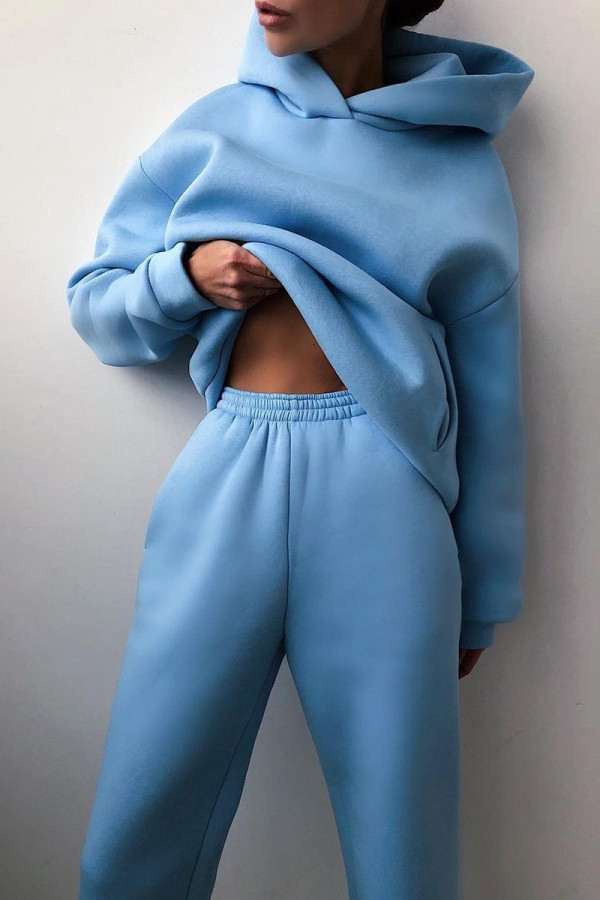 Sky Blue Fashion Casual Solid Basic Hooded Collar Long Sleeve Two Pieces Tracksuits Sets Sweat Suit
