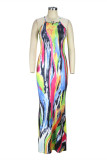 Rainbow Color Fashion Sexy Print Backless Spaghetti Strap Long Dress Dresses