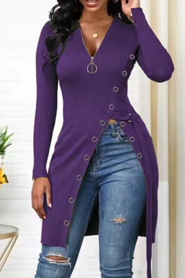 Tops de cuello en V con cremallera y hendidura de patchwork sólido casual de moda púrpura