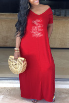 Red Fashion Casual Print Letter V Neck Straight Dresses