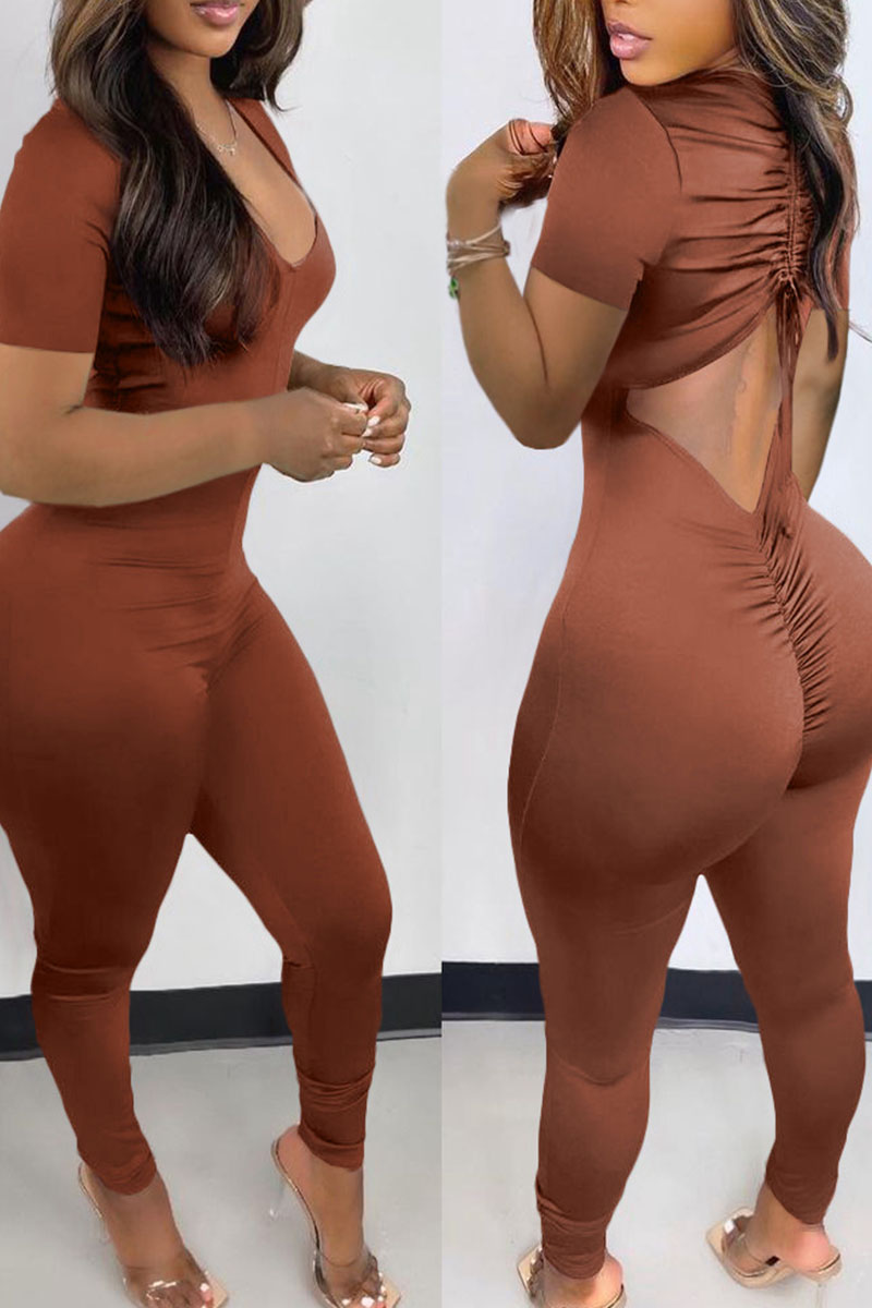 

Brown Sexy Solid Split Joint Backless V Neck Regular Jumpsuits