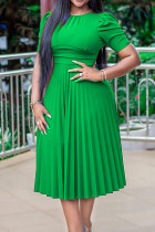 Groene mode casual effen patchwork O-hals jurk met korte mouwen