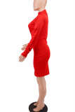 Rode mode sexy effen uitgeholde O-hals jurken met lange mouwen