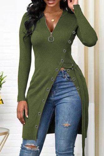 Army Green Fashion Casual Solid Patchwork Slit Zipper V Neck Tops