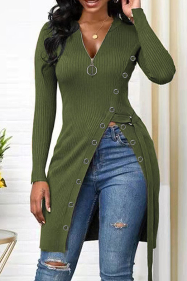 Army Green Fashion Casual Solid Patchwork Schlitz Reißverschluss V-Ausschnitt Tops