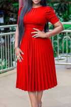 Красное модное повседневное однотонное лоскутное платье с круглым вырезом и коротким рукавом