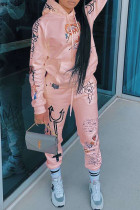 Rosa moda casual stampa per adulti patchwork colletto con cappuccio manica lunga manica regolare due pezzi regolari