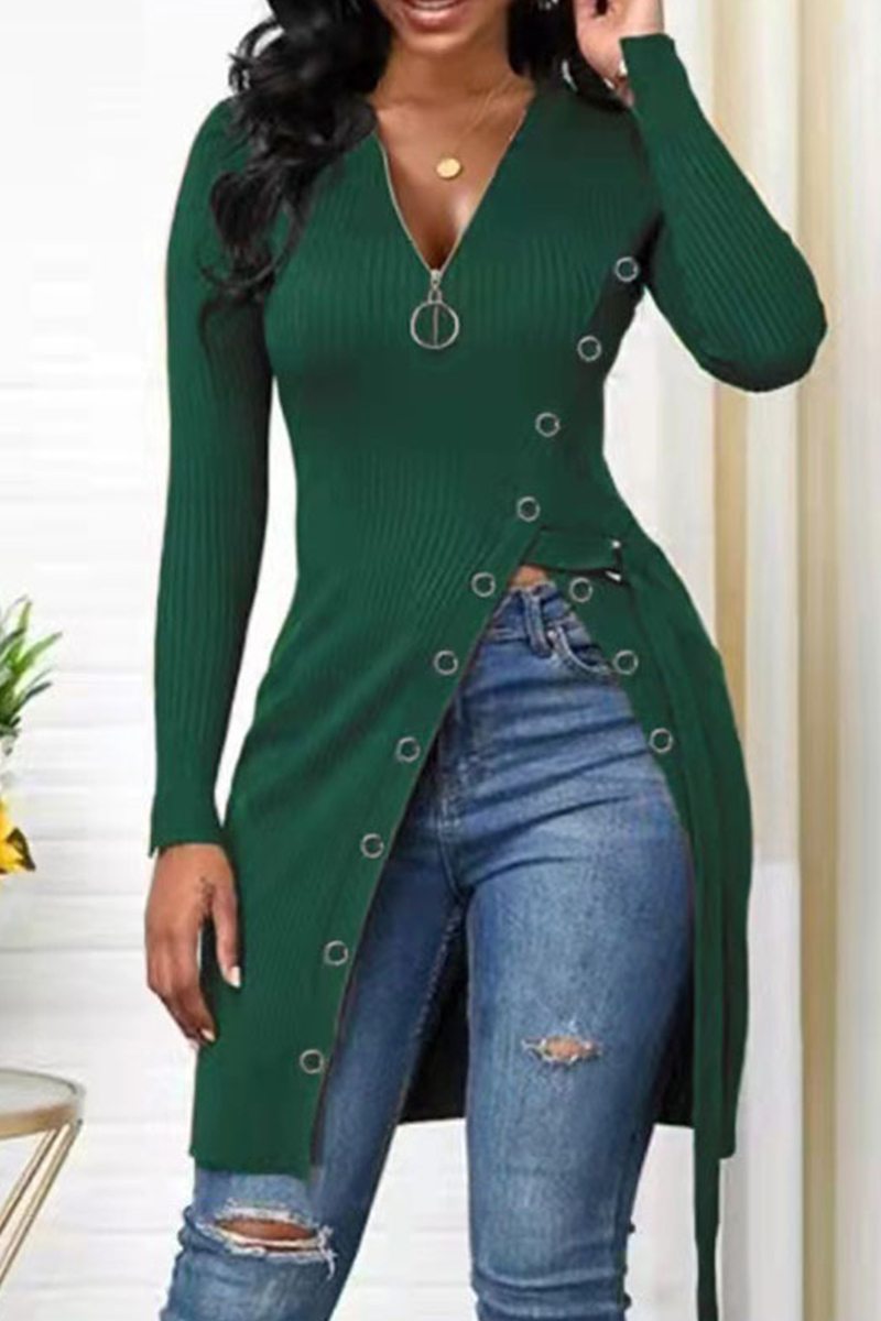 

Dark Green Fashion Casual Solid Split Joint Slit Zipper V Neck Tops