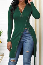Dark Green Fashion Casual Solid Split Joint Slit Zipper V Neck Tops