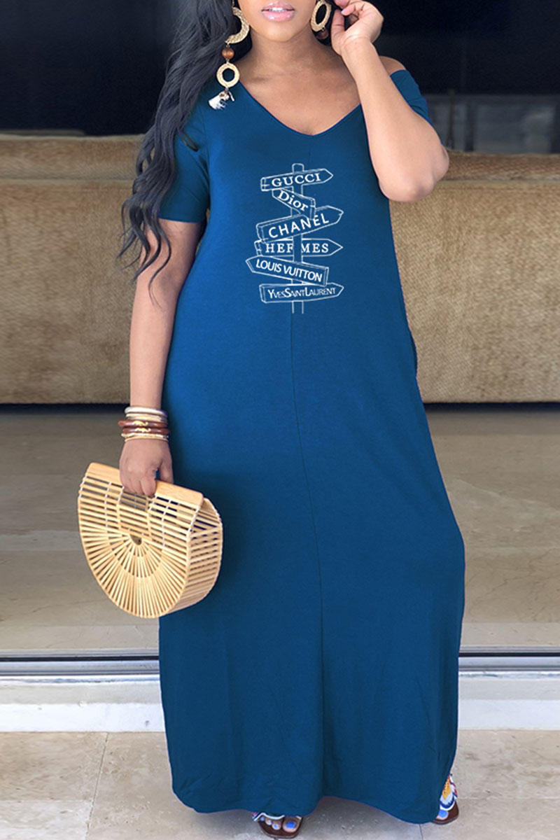 

Blue Fashion Casual Print Letter V Neck Straight Dresses
