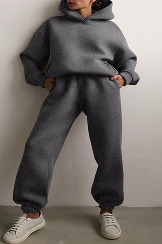 Grey Fashion Casual Solid Basic Hooded Collar Long Sleeve Two Pieces Tracksuits Sets Sweat Suit