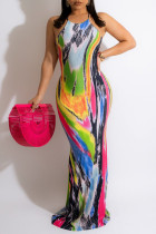 Regnbågsfärg mode sexigt tryck rygglös spaghettiband lång klänning