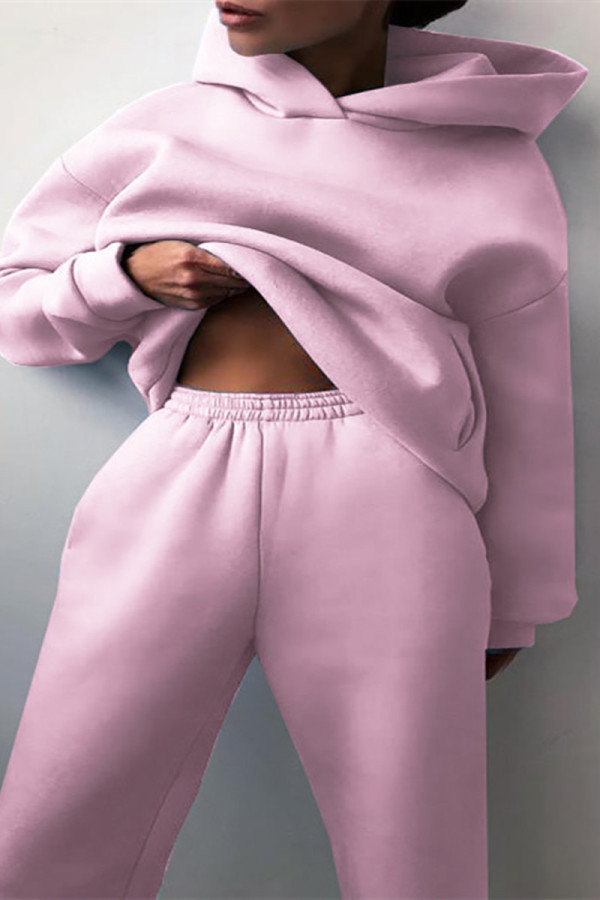 Pink Fashion Casual Solid Basic Hooded Collar Long Sleeve Two Pieces Tracksuits Sets Sweat Suit