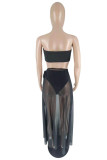 Black Sexy Solid Patchwork See-through Slit Strapless Sleeveless Three Pieces