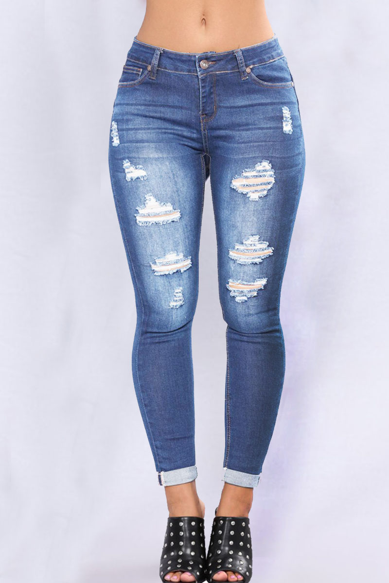 

Light Blue Casual Street Solid Ripped Make Old Split Joint High Waist Regular Denim Jeans