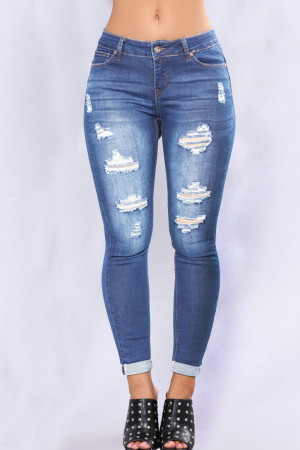 Light Blue Casual Street Solid Make Old Patchwork High Waist Regular Ripped Denim Jeans