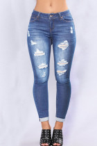 Lichtblauw Casual Street Solid Ripped Make Old Patchwork Regular Denim Jeans met hoge taille