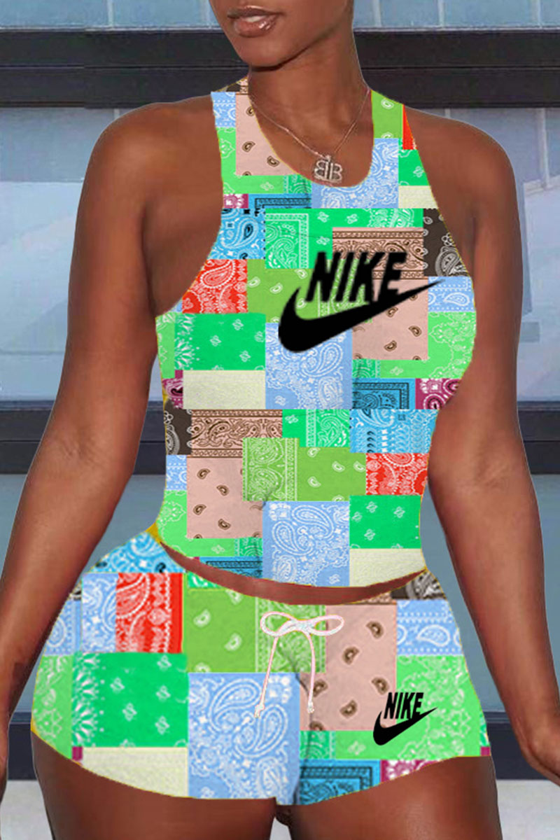 

Cyan Fashion Casual Print Split Joint O Neck Sleeveless Two Pieces
