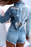 Blue Casual Street Solid Make Old Buckle Turndown Collar Long Sleeve Straight Distressed Ripped Cropped Denim Jacket