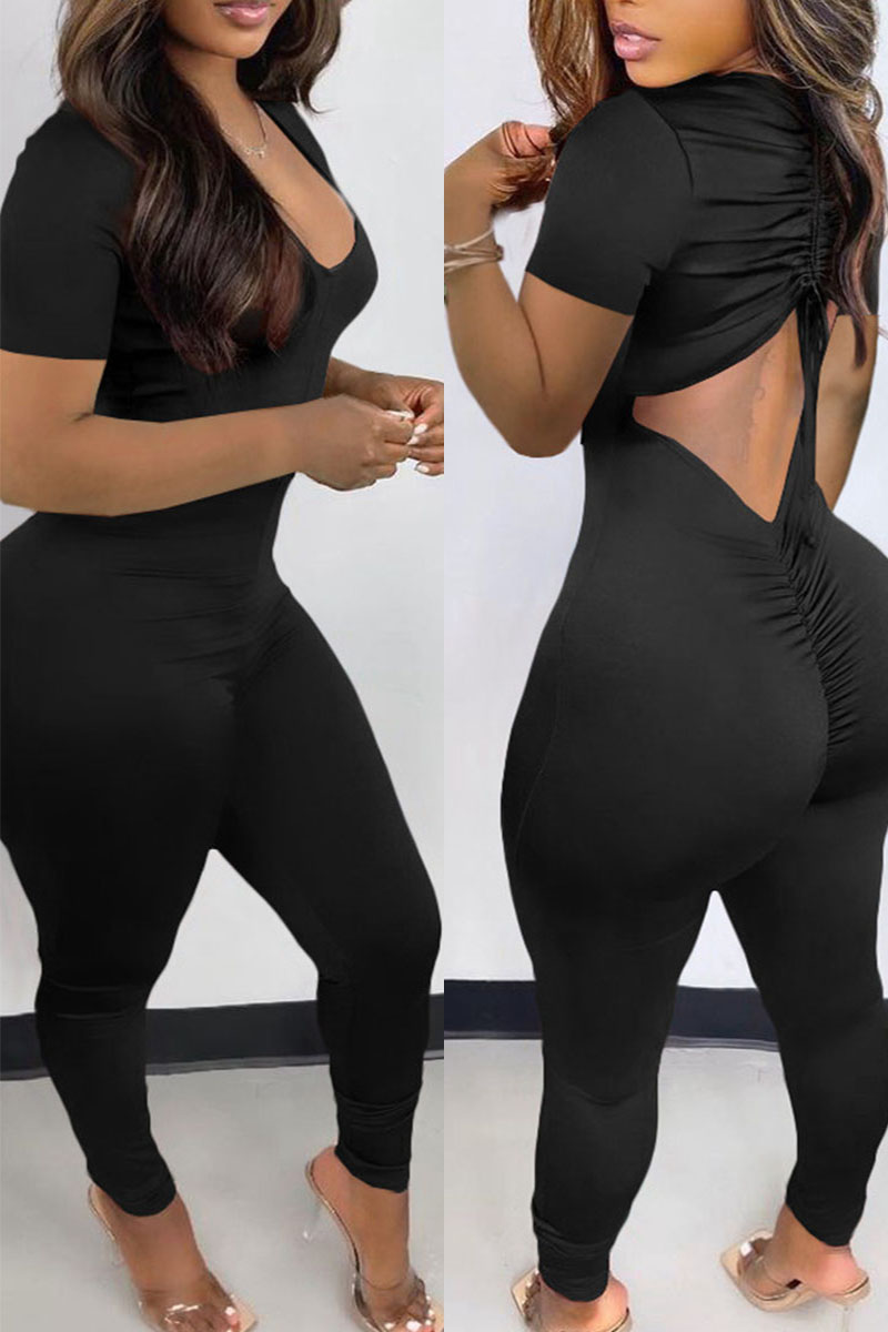 

Black Sexy Solid Split Joint Backless V Neck Regular Jumpsuits