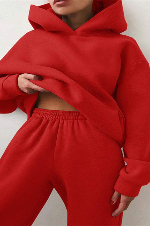 Röd Mode Casual Solid Basic Hood Collar Långärmad Två delar
