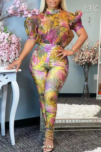Purple Fashion Casual Print Basic Turtleneck Regular Jumpsuits