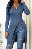 Blue Fashion Casual Solid Patchwork Slit Zipper V Neck Tops