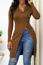 Coffee Fashion Casual Solid Split Joint Slit Zipper V Neck Tops