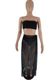 Black Sexy Solid Patchwork See-through Slit Strapless Sleeveless Three Pieces