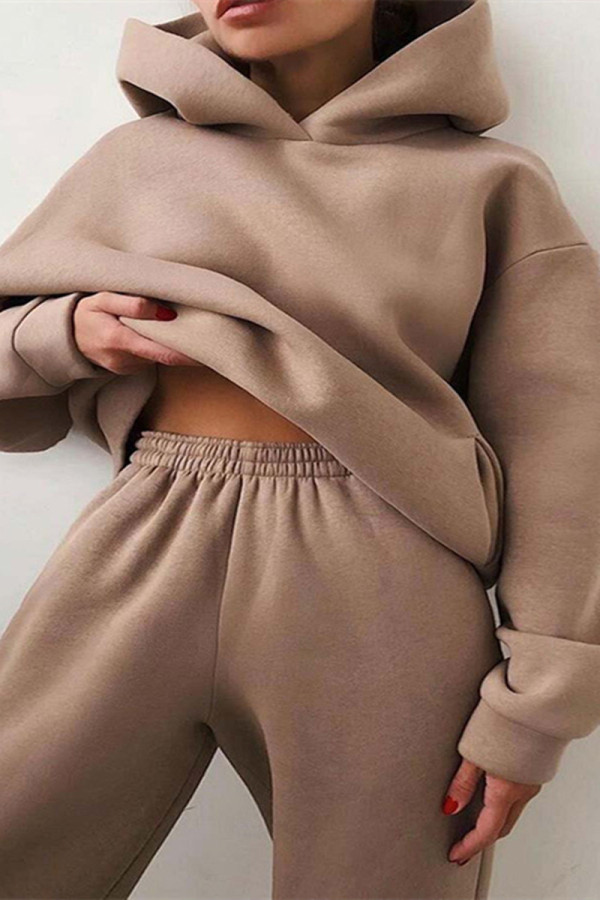 Khaki Fashion Casual Solid Basic Kapuzenkragen Langarm Zweiteiler