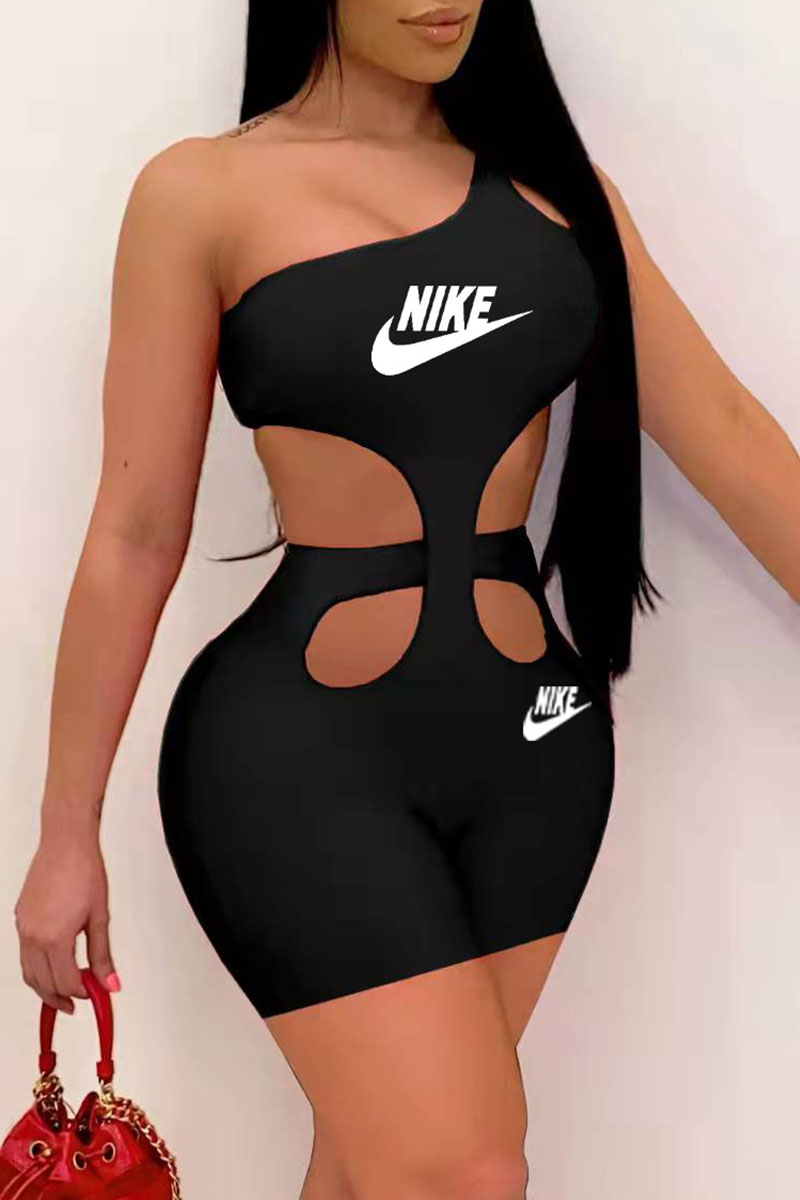 

Black Fashion Casual Print Split Joint One Shoulder Jumpsuits