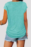 Camisetas cuello en V con cremallera y parches lisos casuales de moda verde claro