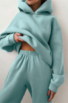 Light Green Fashion Casual Solid Basic Hooded Collar Long Sleeve Two Pieces