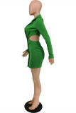 Grönt mode Casual Solid urholkat rygglös V-hals långärmade klänningar