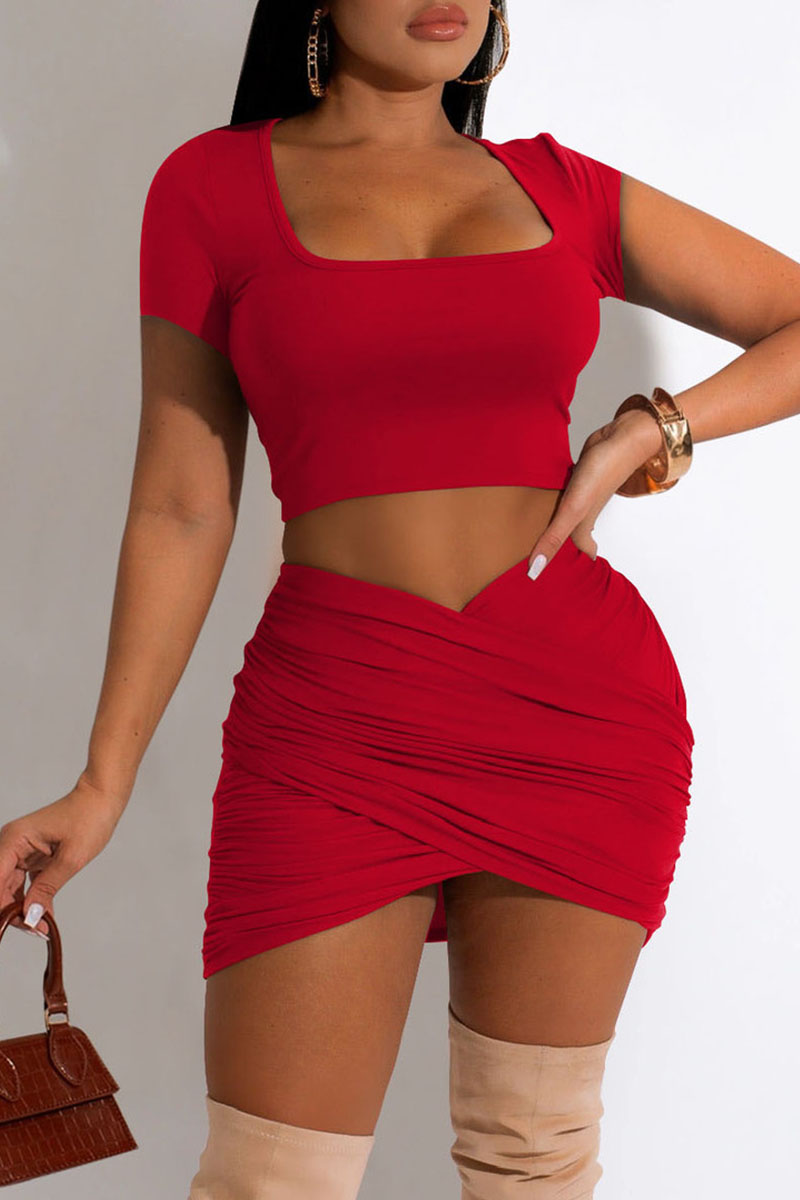 

Red Sexy Solid Split Joint U Neck Short Sleeve Two Pieces