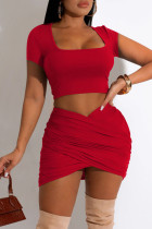 Red Sexy Solid Patchwork U Neck Short Sleeve Two Pieces