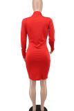 Rode mode sexy effen uitgeholde O-hals jurken met lange mouwen