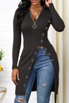 Black Fashion Casual Solid Patchwork Slit Zipper V Neck Tops