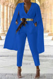 Blauwe Casual Effen Patchwork V-hals Regular Jumpsuits