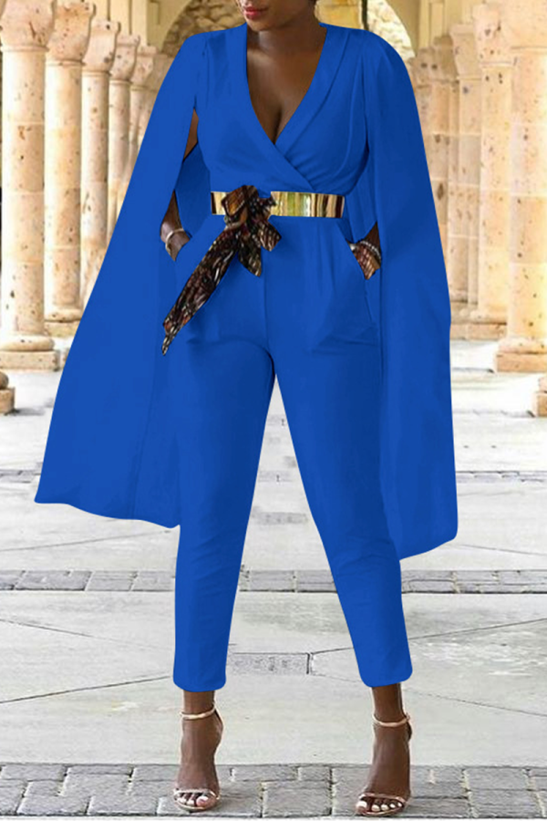 Blauwe Casual Effen Patchwork V-hals Regular Jumpsuits