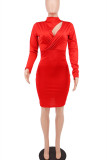 Röd Mode Sexig Solid urholkad O-hals långärmade klänningar