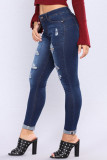 Diepblauw Casual Street Solid Ripped Make Old Patchwork Regular Denim Jeans met hoge taille