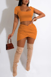 Orange Sexy Solid Patchwork U Neck Short Sleeve Two Pieces