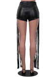 Black Sexy Solid Tassel Patchwork Regular High Waist Straight Solid Color Bottoms