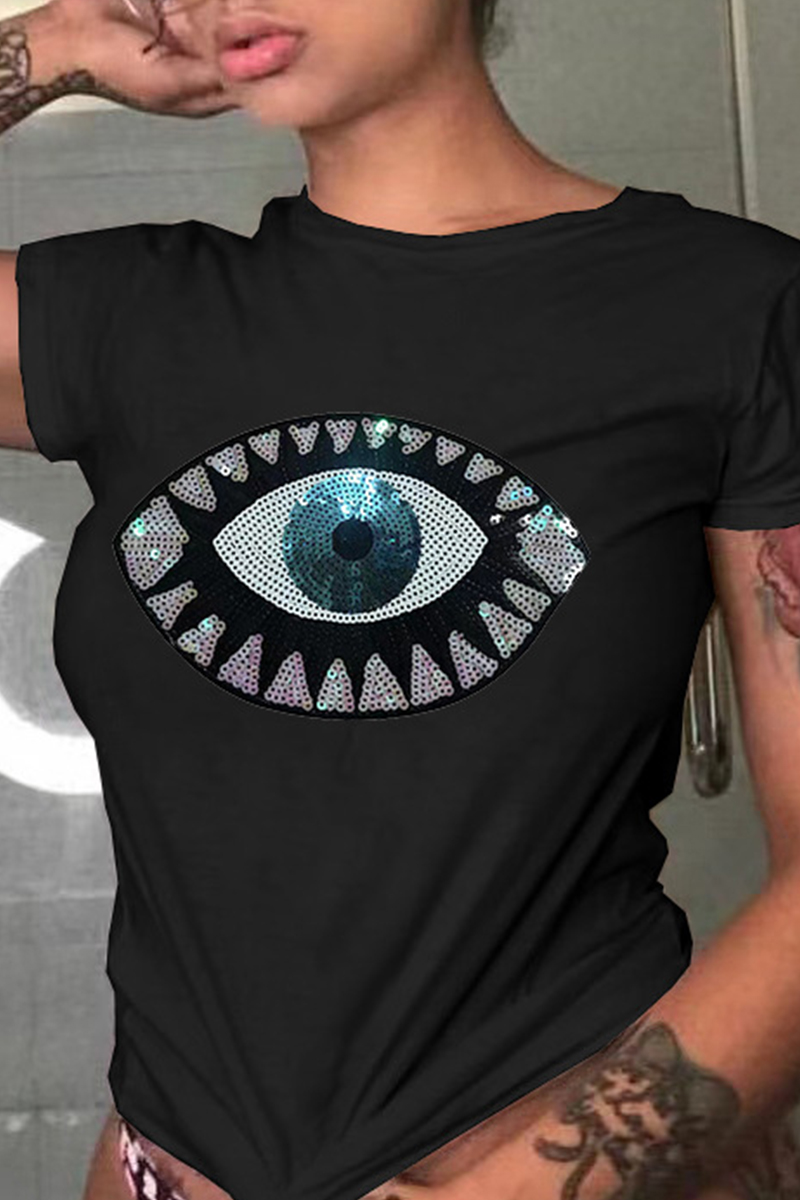 

Black Fashion Casual Patchwork Sequins O Neck T-Shirts